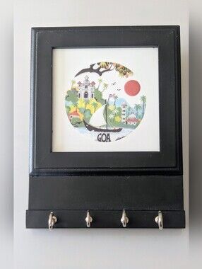 Wall Mounted Key Hanger "GOA". Wood and Tile .5.5" x 7.5"